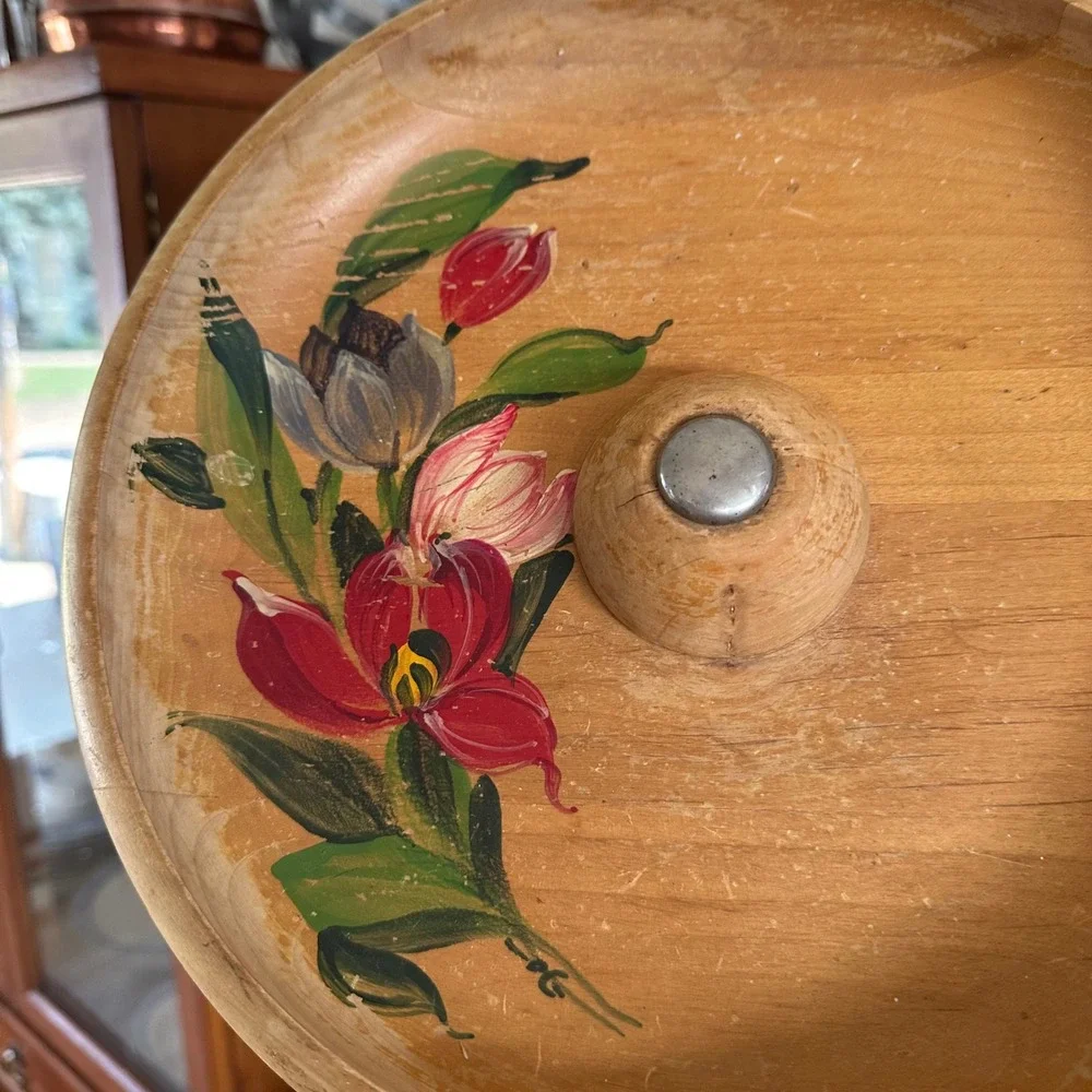 Vintage Hand Painted Wooden Footed Nut Bowl Canada Floral Folk Art 11